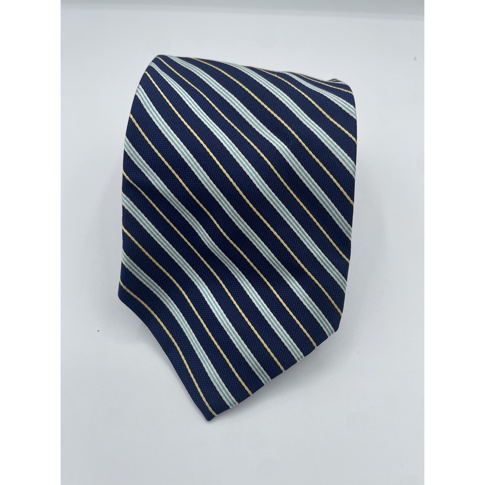 Brooks Brothers Stain Resistant Blue Gold Striped Silk‎ Tie 3.75"